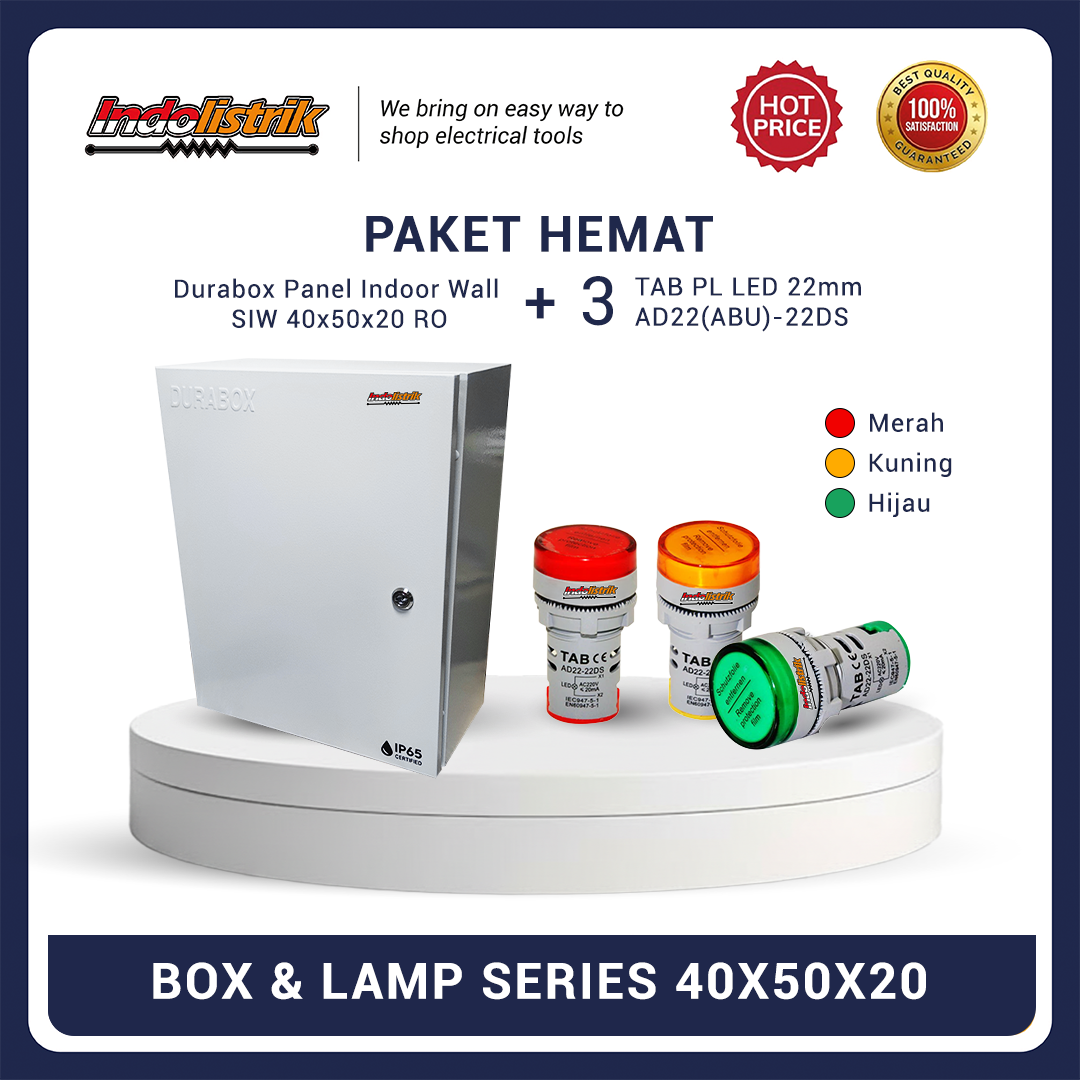 Durabox Box Panel Indoor SIW 40x50x20 Base Plate Orange + 3 Pilot Lamp LED 22mm Body Abu AD22-22DS TAB Promo Spesial Upgrade Instalasi Listrik Anda