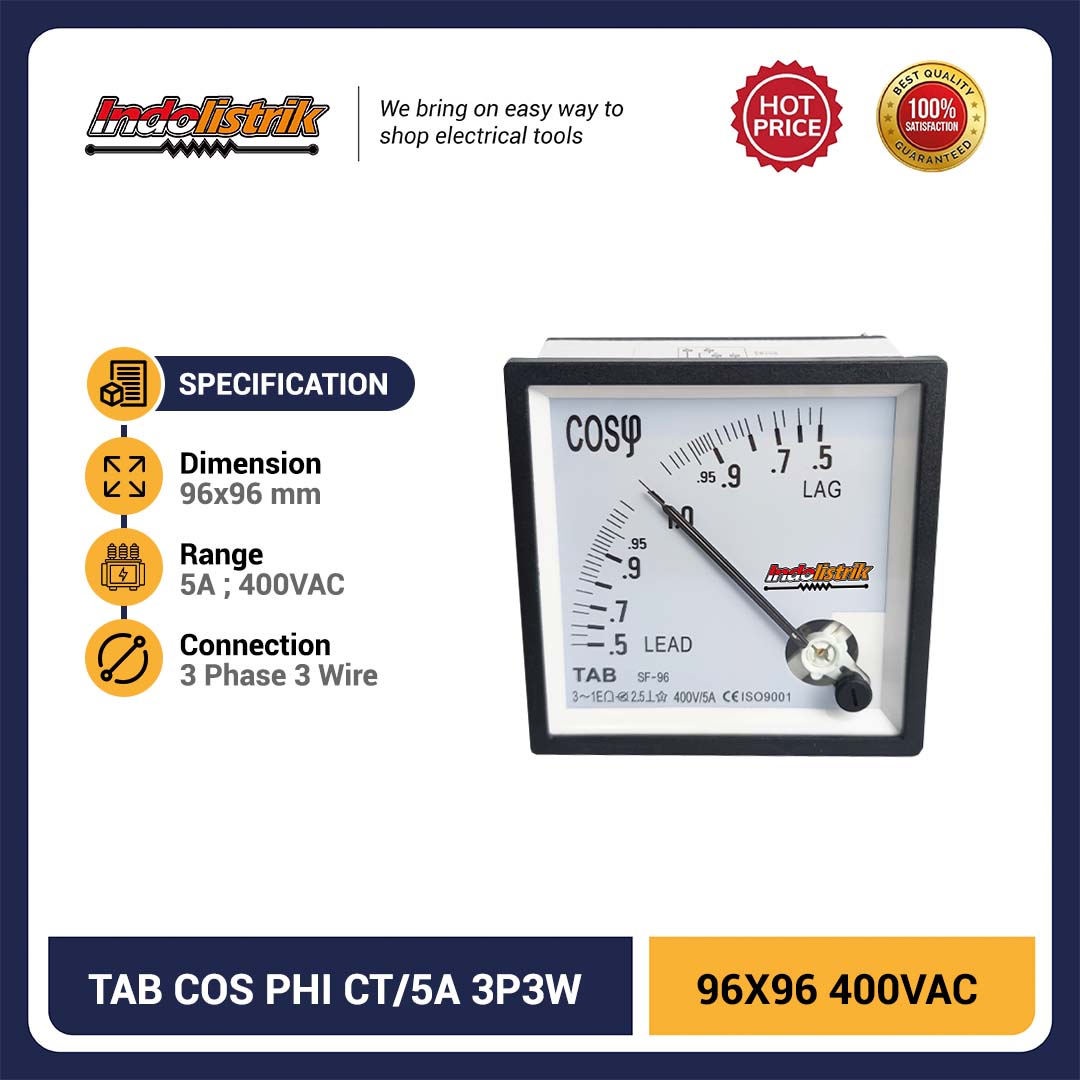 TAB Cos Phi Meter Analog 96x96 CT/5A 3P3W 400VAC