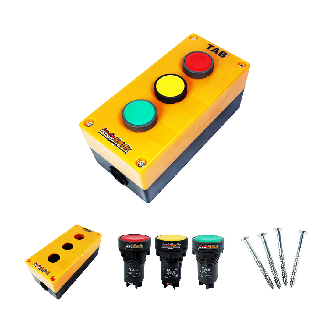 Paket Box Push Button 3 Tombol TAB – Tombol Merah Kuning Hijau | Enclosure Kontrol Mesin Industrial
