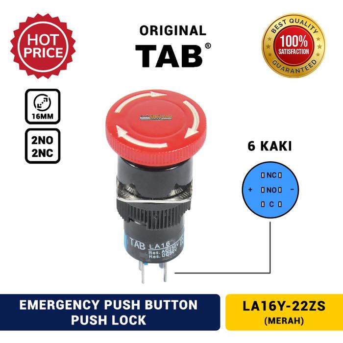 TAB Emergency Push Button Push Lock 16mm LA16Y-22ZS Merah