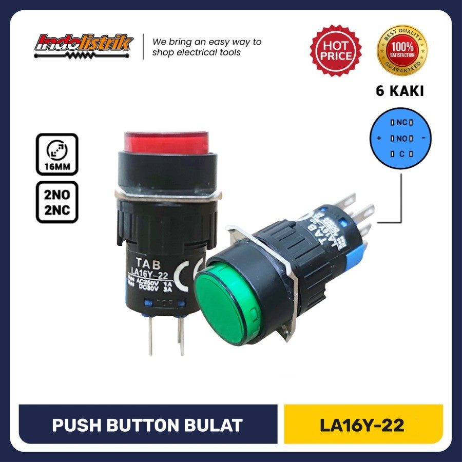 Push Button 16mm Bulat LA16Y-22 TAB - Model Kepala Bulat