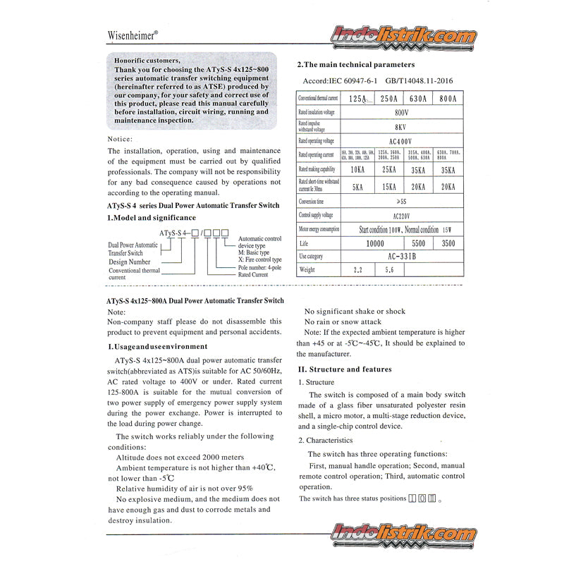 Wisenheimer Change Over Switch 4 Pole 630 Ampere Motorized Ohm Saklar ATS