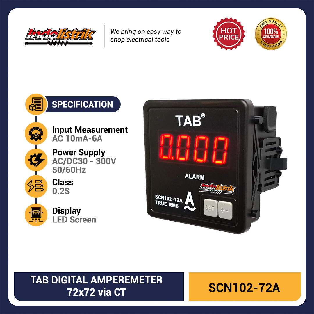 TAB SCN102-72A Amperemeter Digital 72x72 AC 10mA-6A True RMS Panel Meter via CT