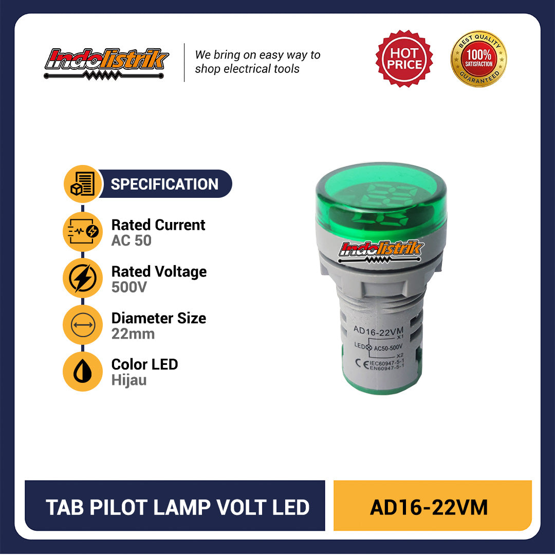 Lampu Indikator Panel LED 22mm Hijau AC 50-500V Pilot Lamp TAB