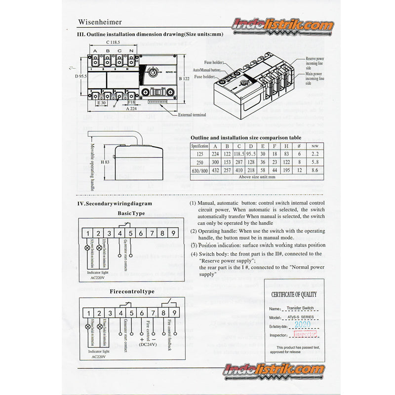 Wisenheimer Change Over Switch 4 Pole 630 Ampere Motorized Ohm Saklar ATS